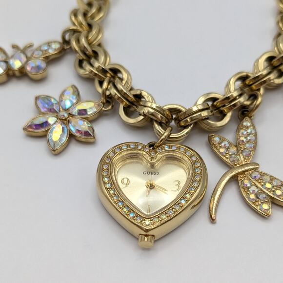 GUESS Pave Rhinestone Charm Bracelet Watch Gold Tone - Needs Battery - Working - Picture 2 of 8